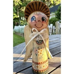 Angel Vintage Wood Figurine Lace 6.5 Decor Handpainted Folk Art Collectible